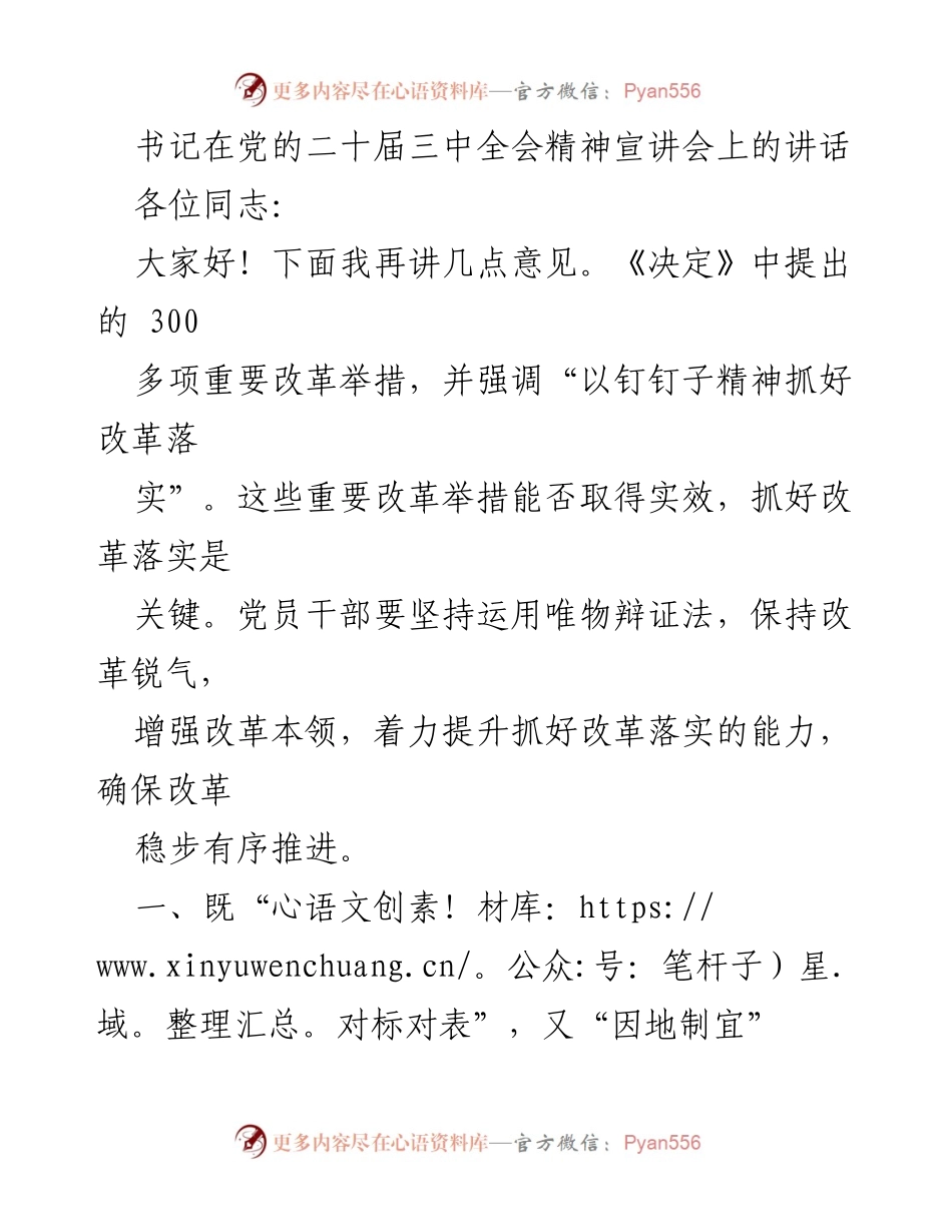 [发言] 党的二十届三中全会精神宣讲会 - 抓好改革落实，推动全面深化改革的关键措施.docx_第1页