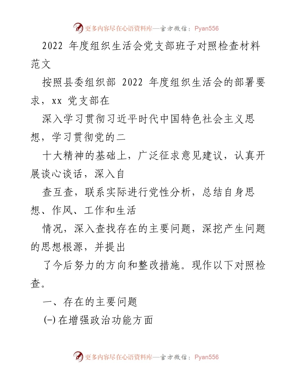 [发言] 党支部年度组织生活会 - 2022年度党支部班子对照检查材料分析.docx_第1页