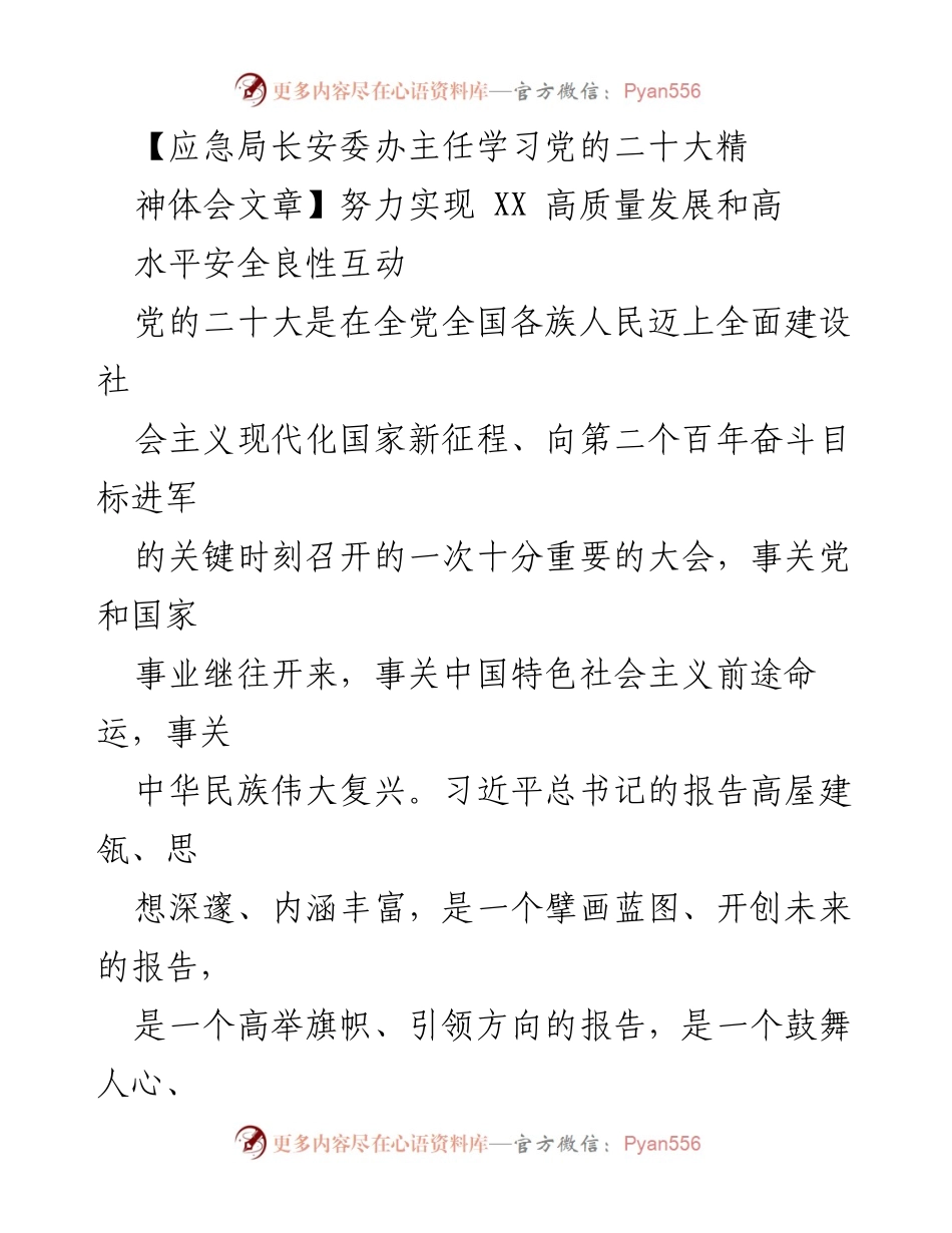 [发言] 党的二十大精神学习 - 深入学习贯彻党的二十大精神，推动高质量安全发展.docx_第1页