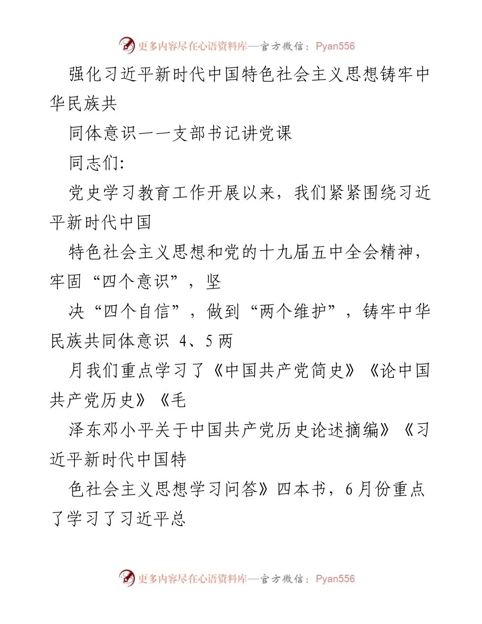 [发言] 党支部学习活动 - 强化习近平新时代思想，铸牢民族共同体意识.docx_第1页