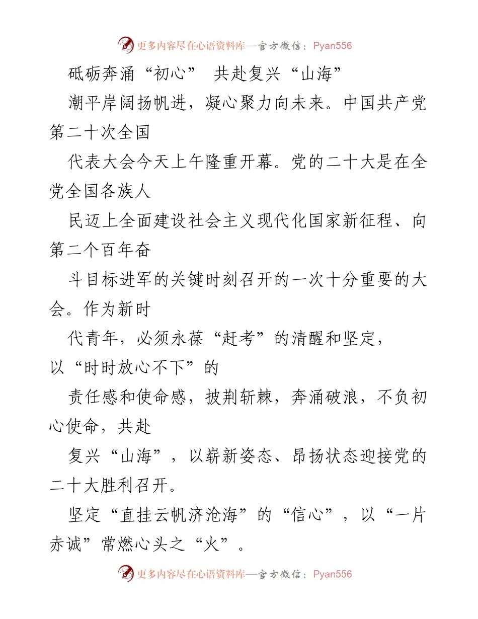 [发言] 党的二十大开幕式 - 青年奋进，共赴复兴之路.docx_第1页
