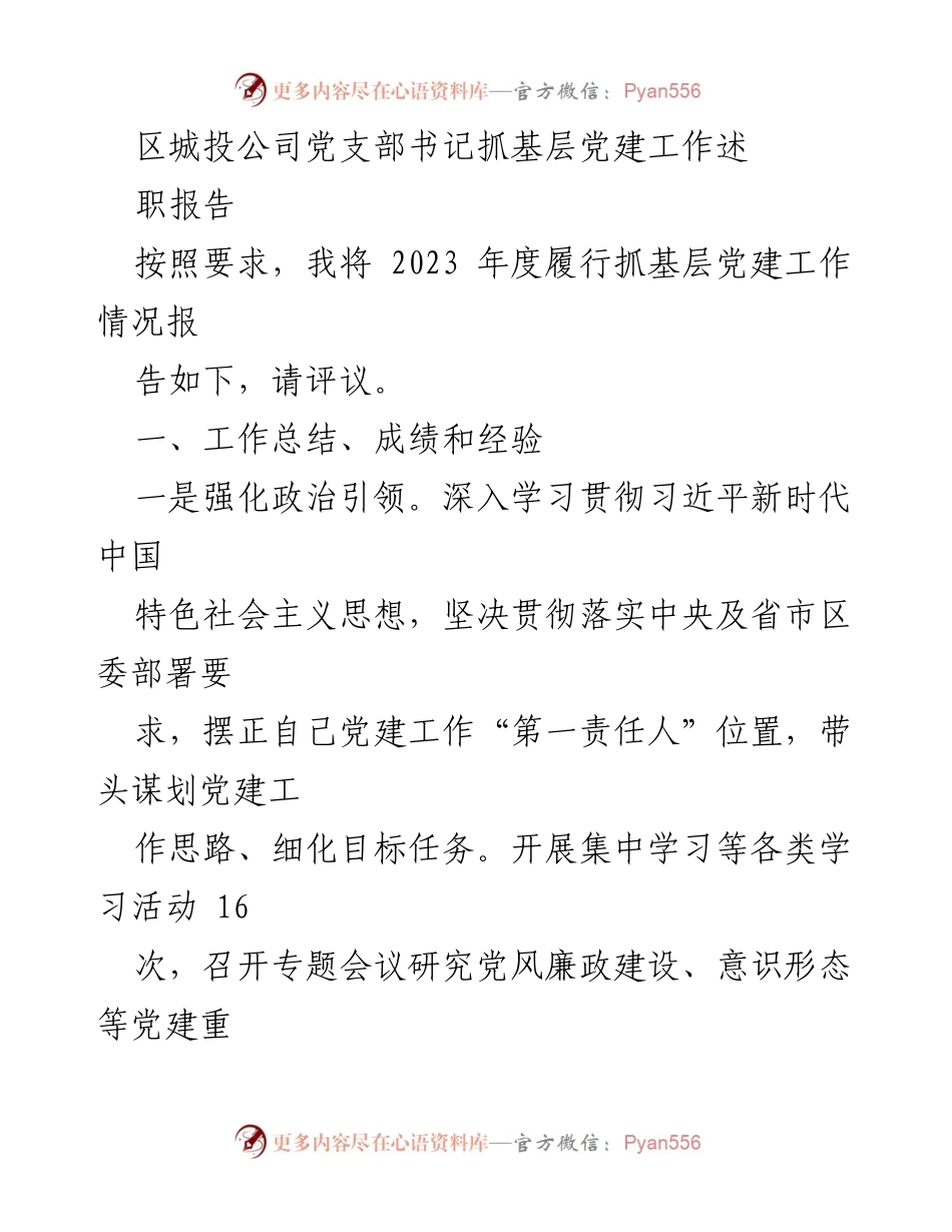 [发言] 党支部工作述职 - 2023年度区城投公司党支部书记党建工作述职报告.docx_第1页