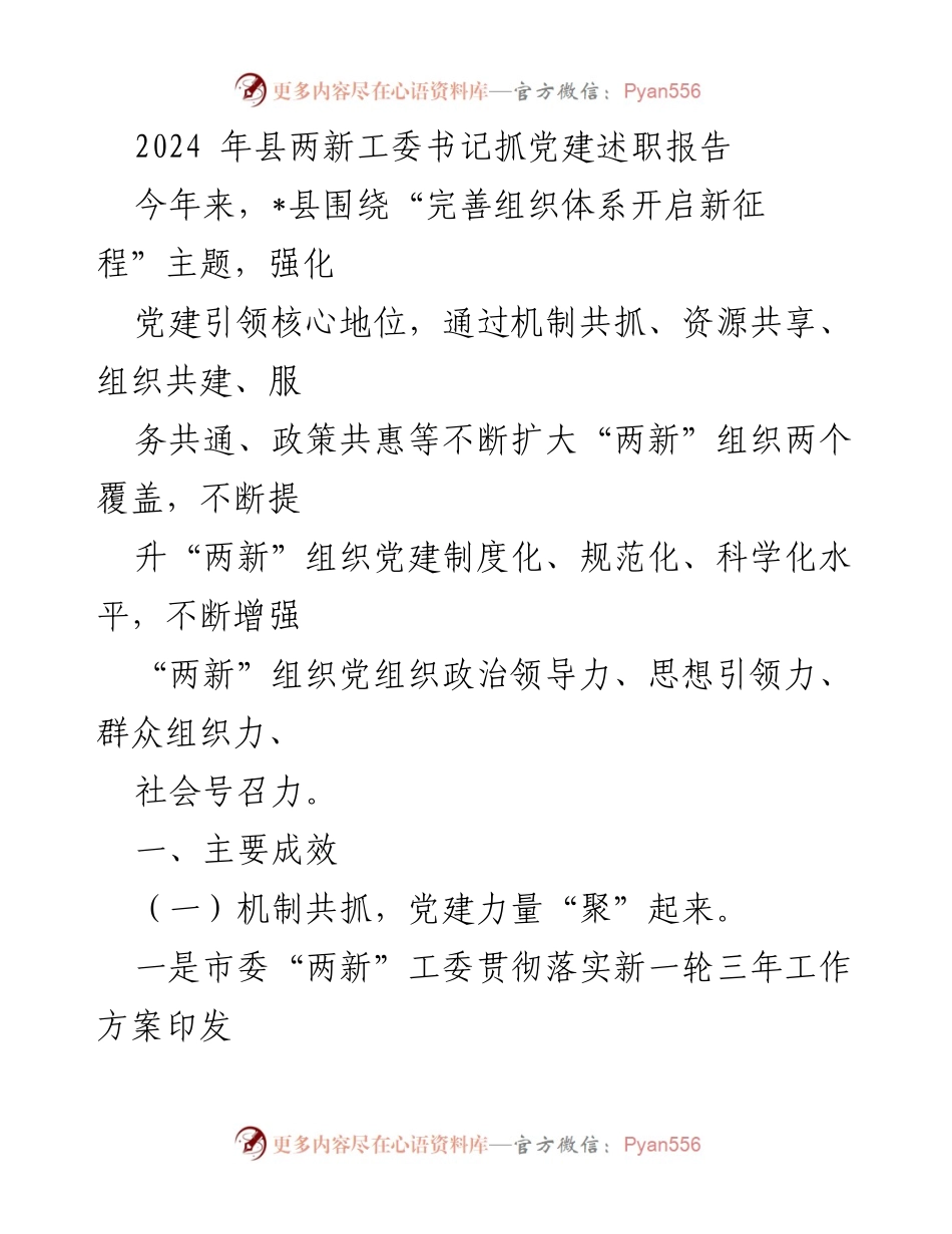 [发言] 党建述职会议 - 2024年县两新工委书记党建工作述职报告.docx_第1页