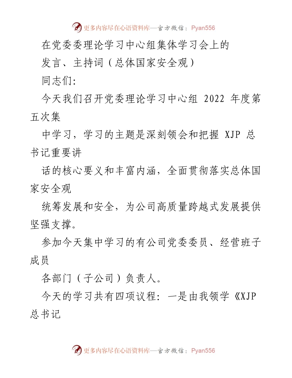 [发言] 党委理论学习中心组学习会 - 深入学习贯彻总体国家安全观的重要性与实践措施.docx_第1页