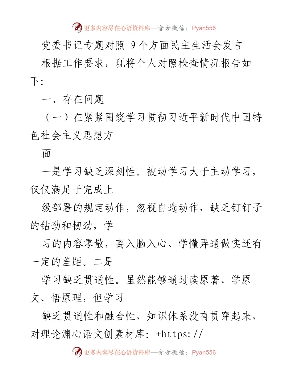 [发言] 党委民主生活会 - 党委书记对照检查发言总结.docx_第1页