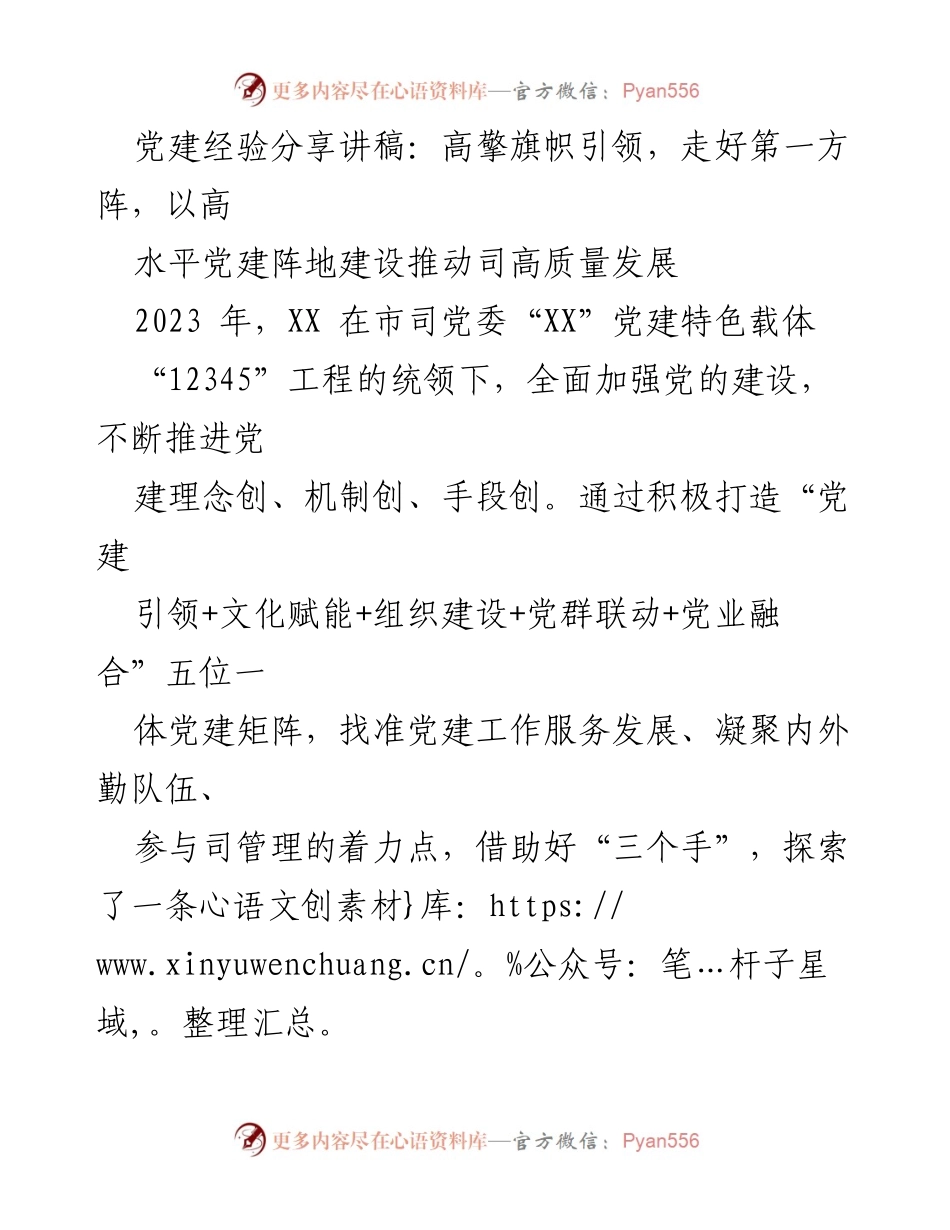 [发言] 党建经验分享会 - 高擎旗帜引领，推动高质量发展.docx_第1页
