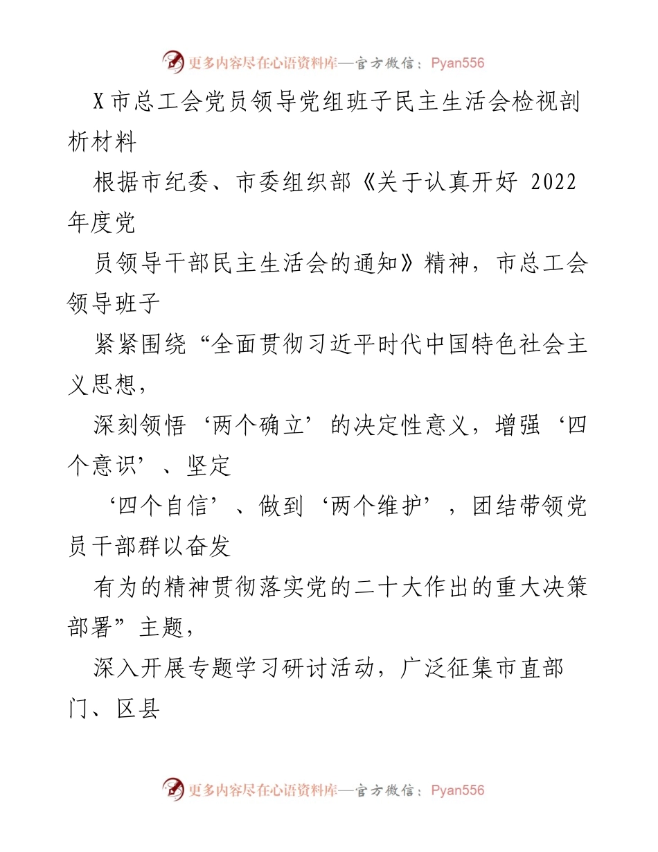 [发言] 党员领导干部民主生活会 - X市总工会领导班子民主生活会检视剖析报告.docx_第1页