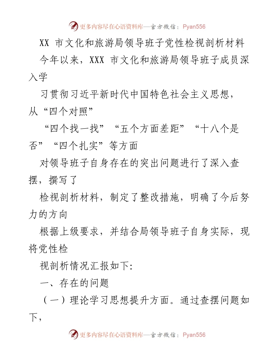 [发言] 党性检视会议 - XX市文化和旅游局领导班子党性检视与整改措施汇报.docx_第1页