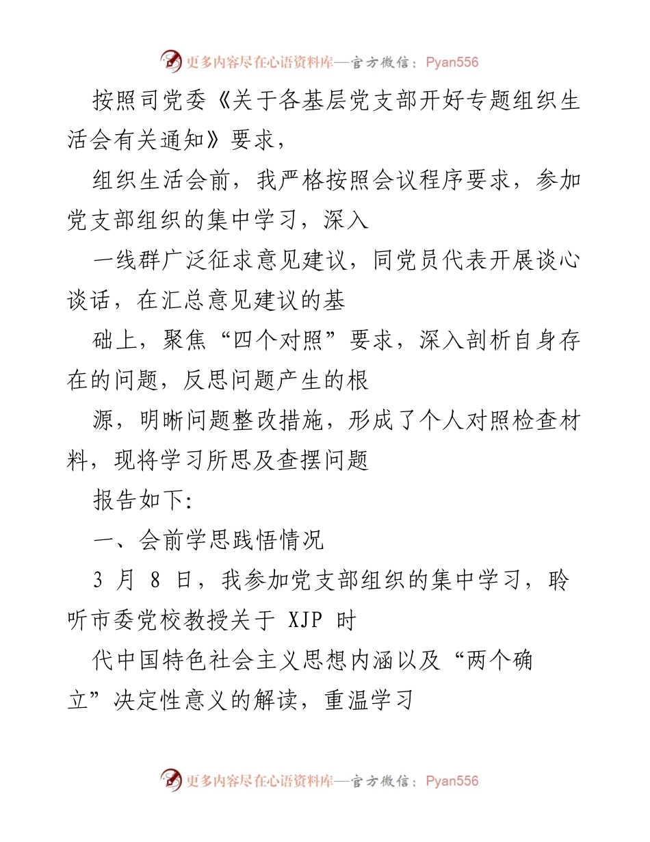 [发言] 党支部组织生活会 - 个人对照检查及问题反思报告.docx_第1页