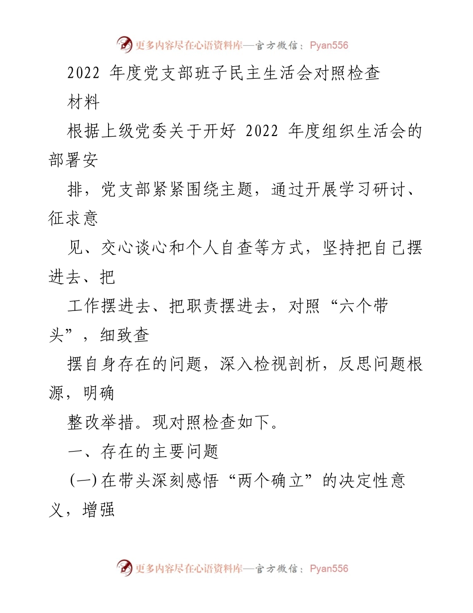 [发言] 党支部年度民主生活会 - 2022年度党支部班子对照检查与整改措施.docx_第1页