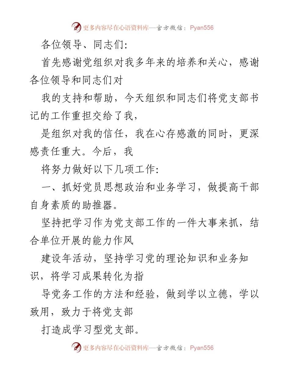[发言] 党支部书记任职大会 - 新任党支部书记的工作承诺与展望.docx_第1页