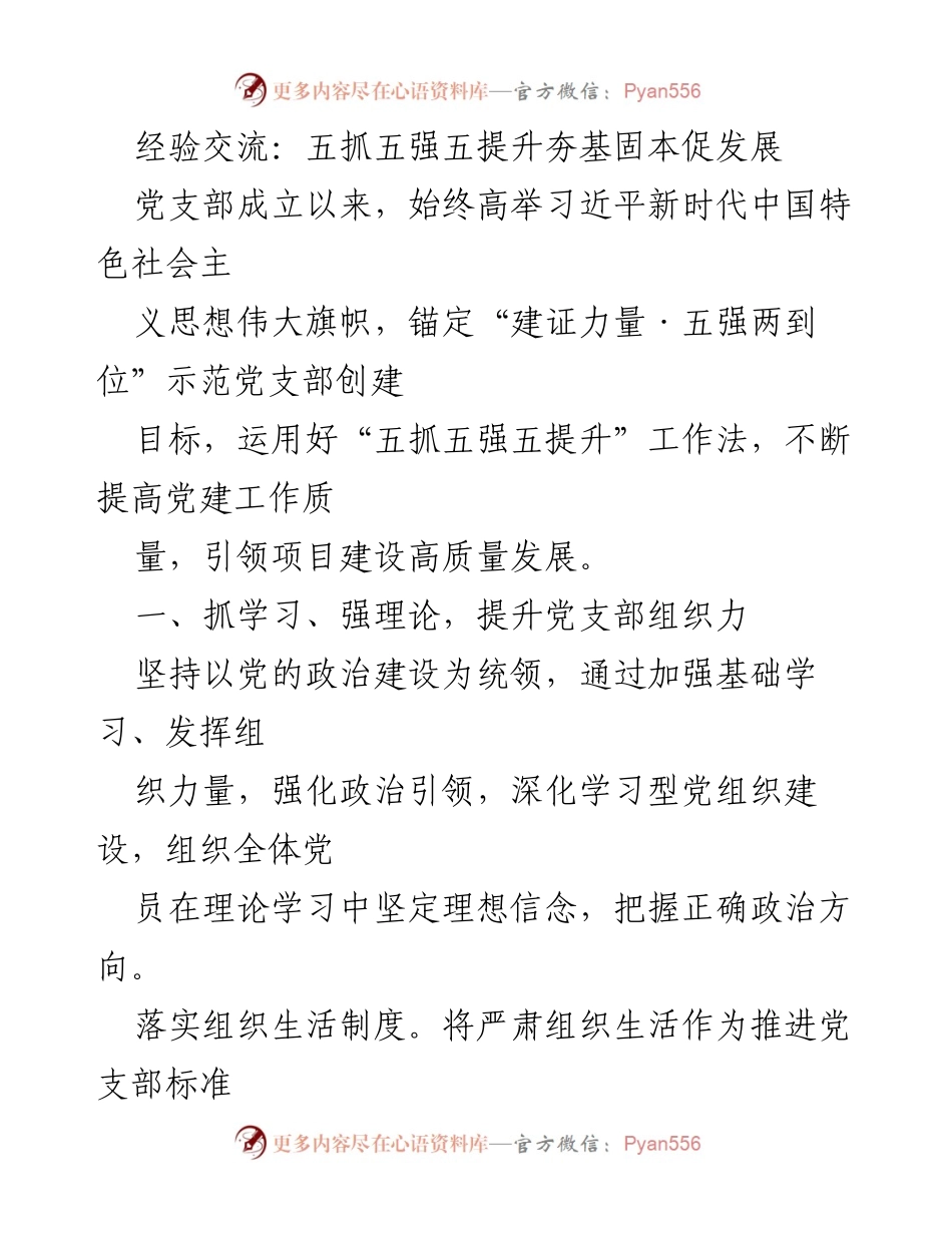 [发言] 党支部经验交流会 - 五抓五强五提升：党建引领高质量发展.docx_第1页