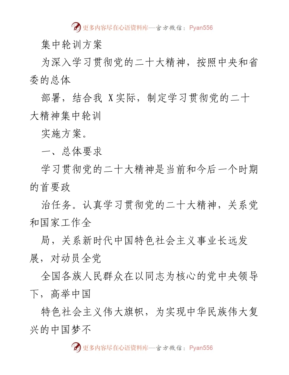 [发言] 党的二十大精神学习贯彻 - 集中轮训实施方案.docx_第1页