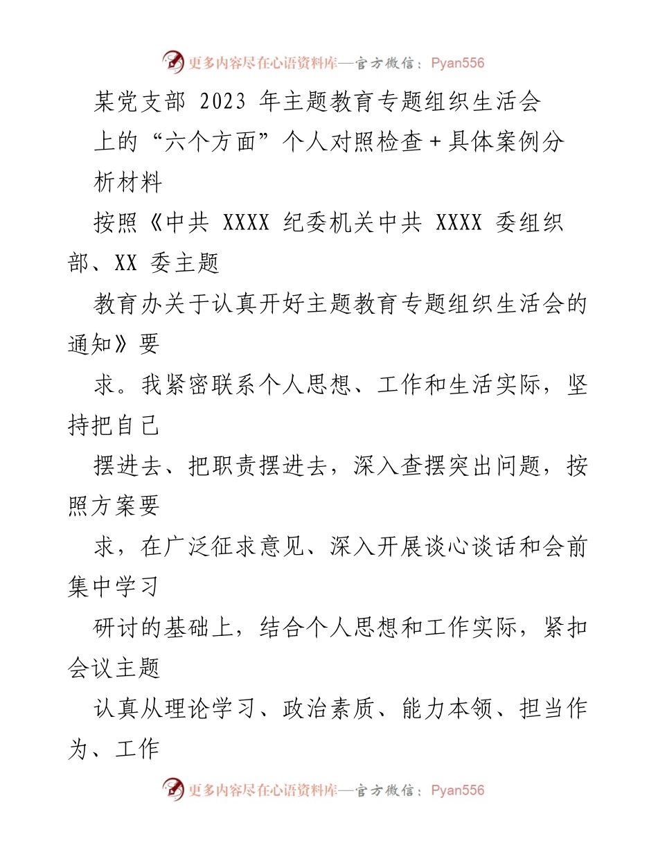 [发言] 党支部专题组织生活会 - 2023年主题教育个人对照检查与整改分析.docx_第1页