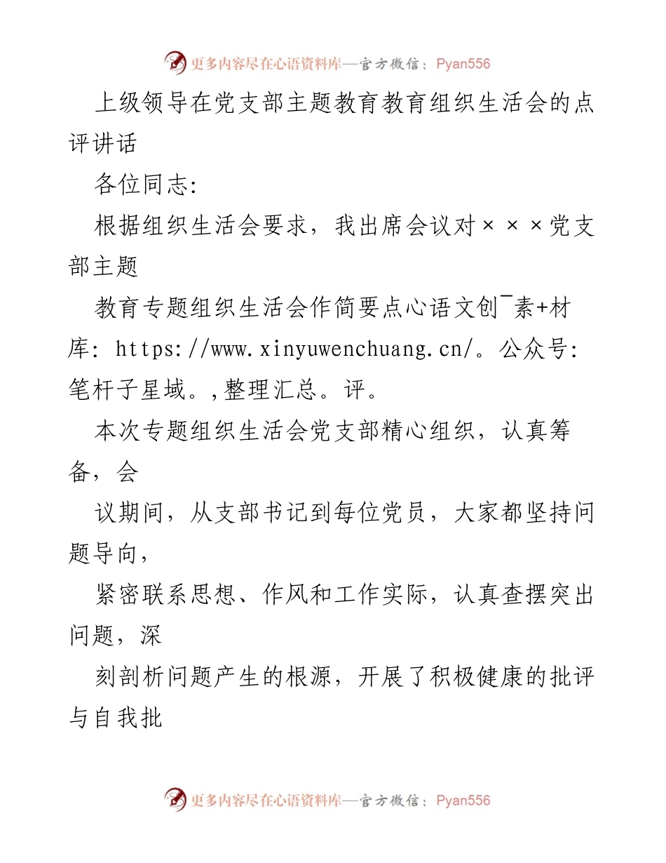 [发言] 党支部主题教育组织生活会 - 上级领导对党支部主题教育组织生活会的点评与建议.docx_第1页