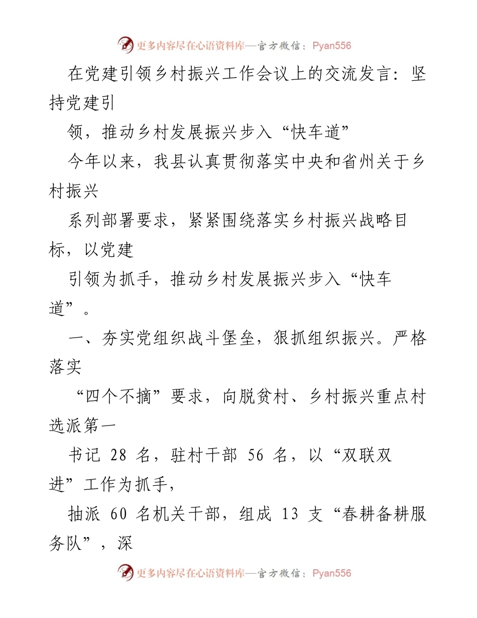 [发言] 党建引领乡村振兴工作会议 - 坚持党建引领，推动乡村振兴步入快车道.docx_第1页