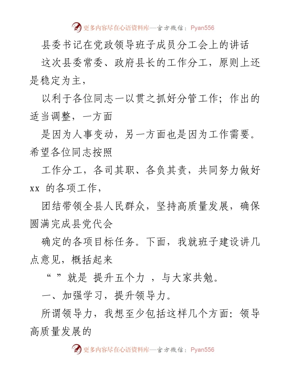 [发言] 党政领导班子成员分工会 - 提升领导力与执行力，共同推动高质量发展.docx_第1页