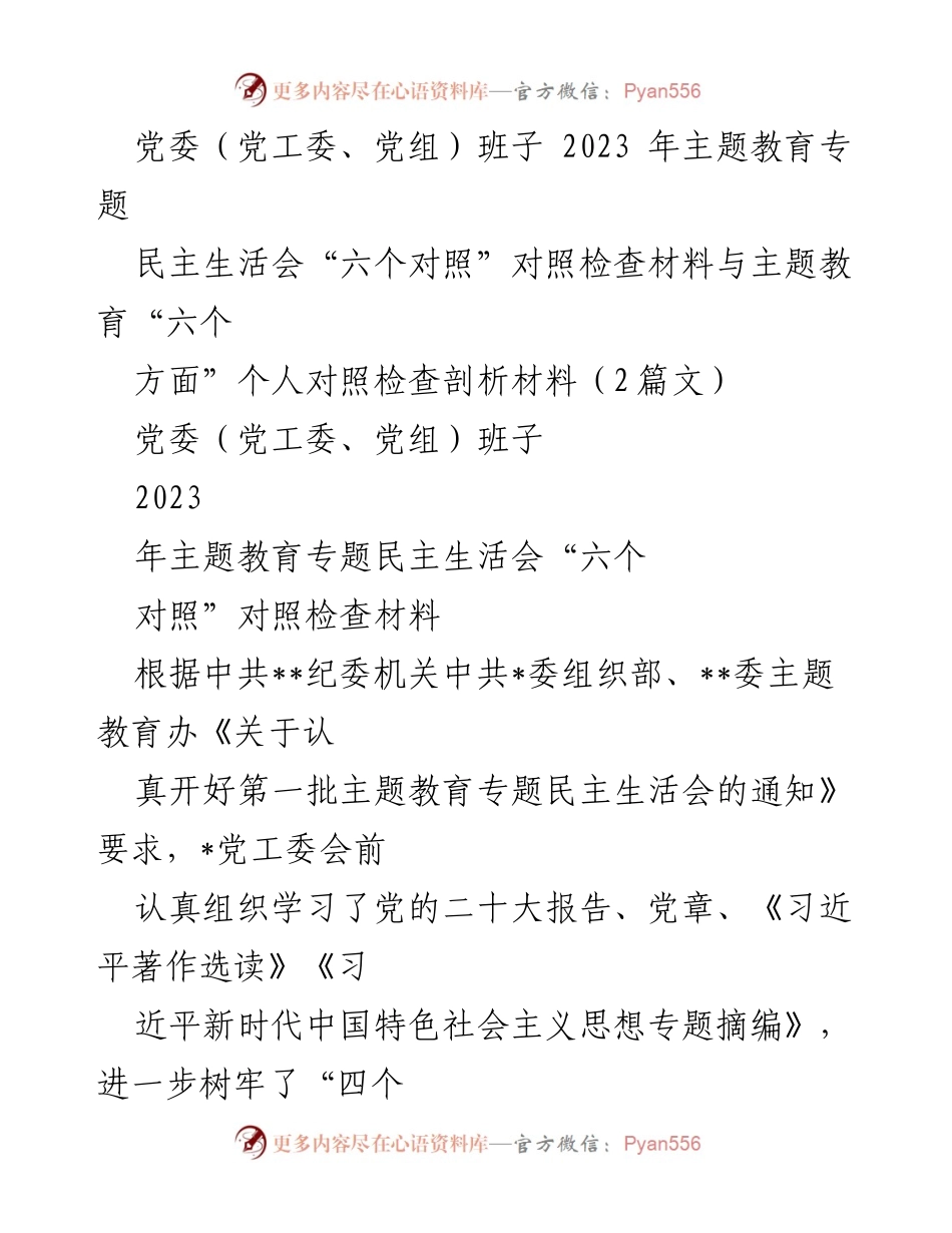 [发言] 党委（党工委、党组）班子民主生活会 - 2023年主题教育专题民主生活会对照检查汇报.docx_第1页