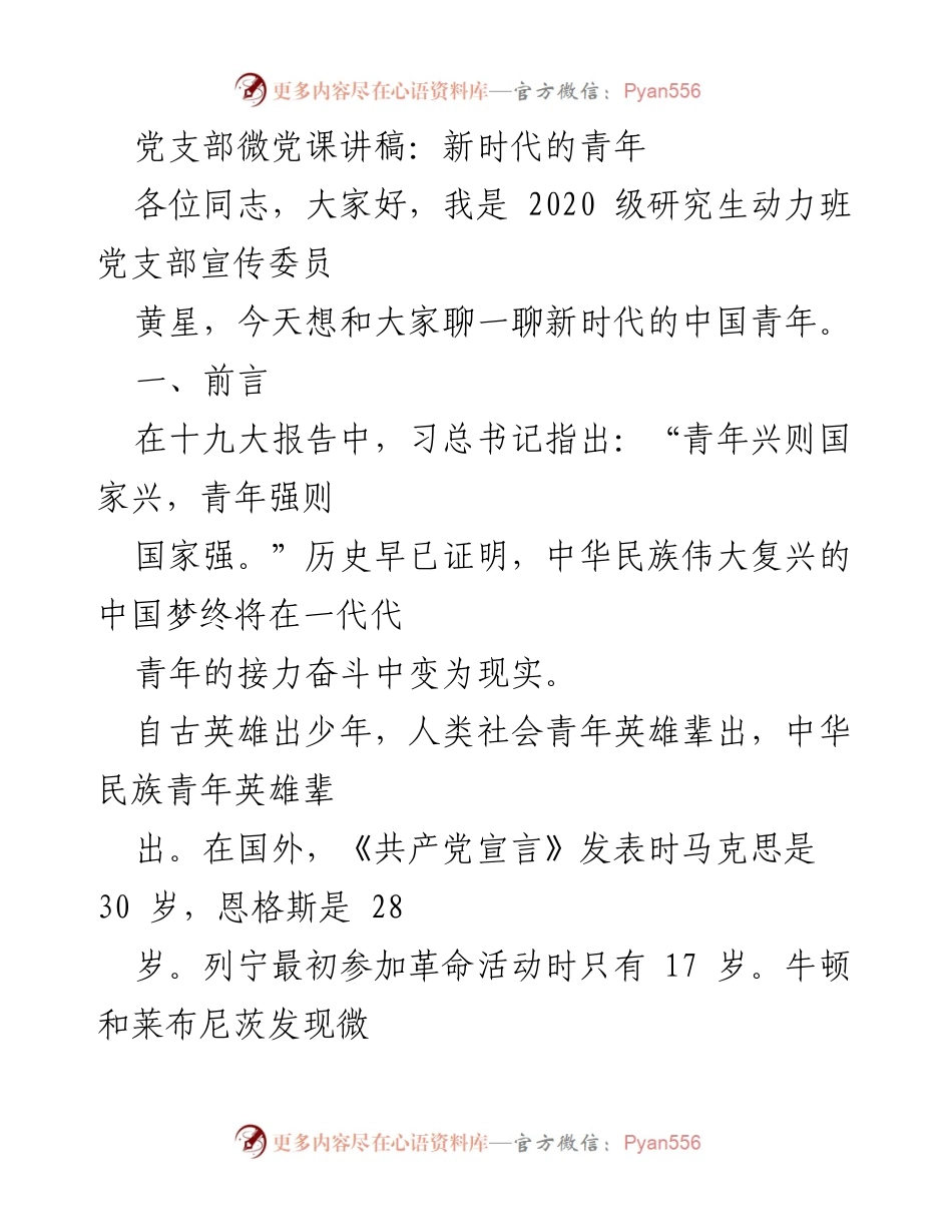 [发言] 党支部微党课 - 新时代中国青年：承载希望与责任.docx_第1页
