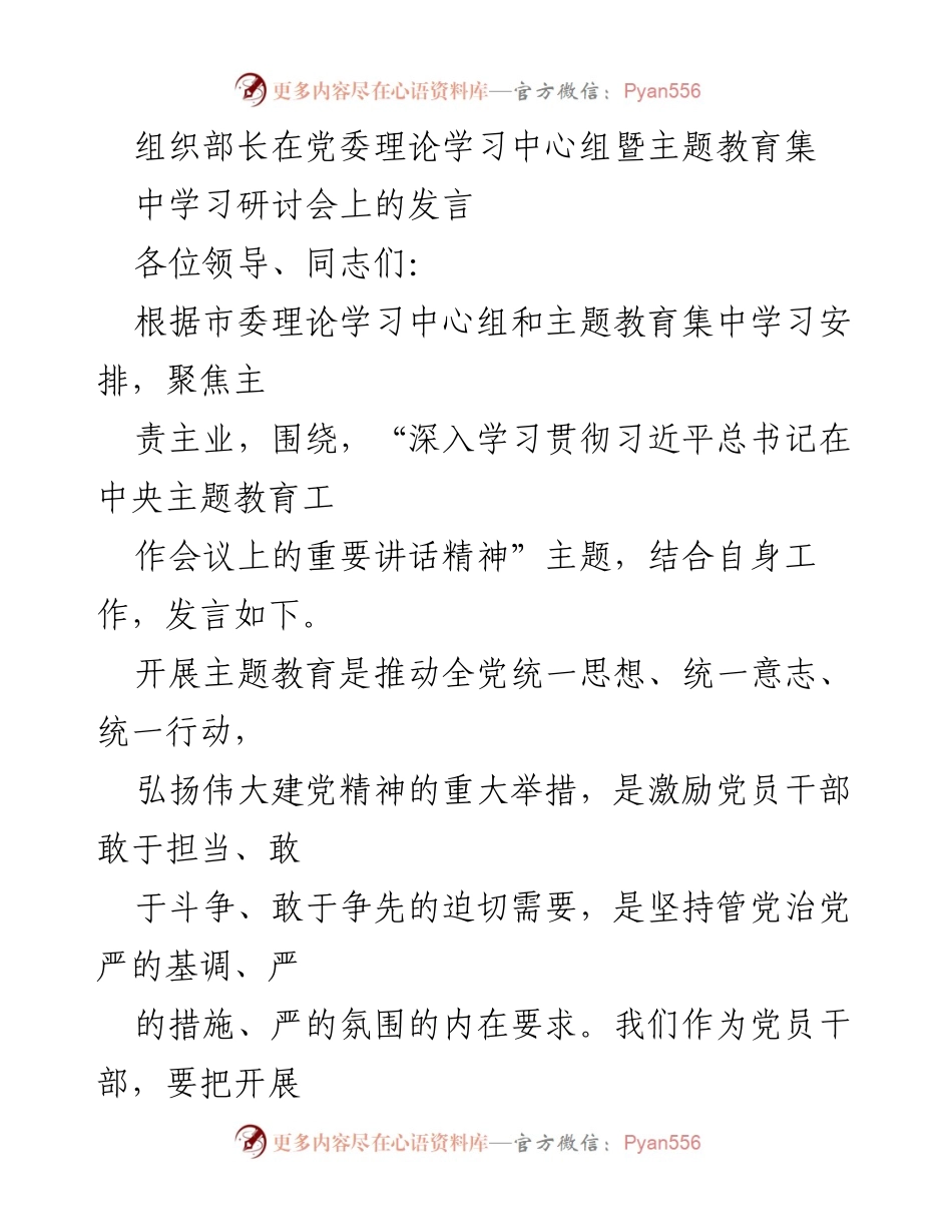 [发言] 党委理论学习中心组暨主题教育集中学习研讨会 - 深入学习贯彻习近平总书记重要讲话精神，推动主题教育新发展.docx_第1页