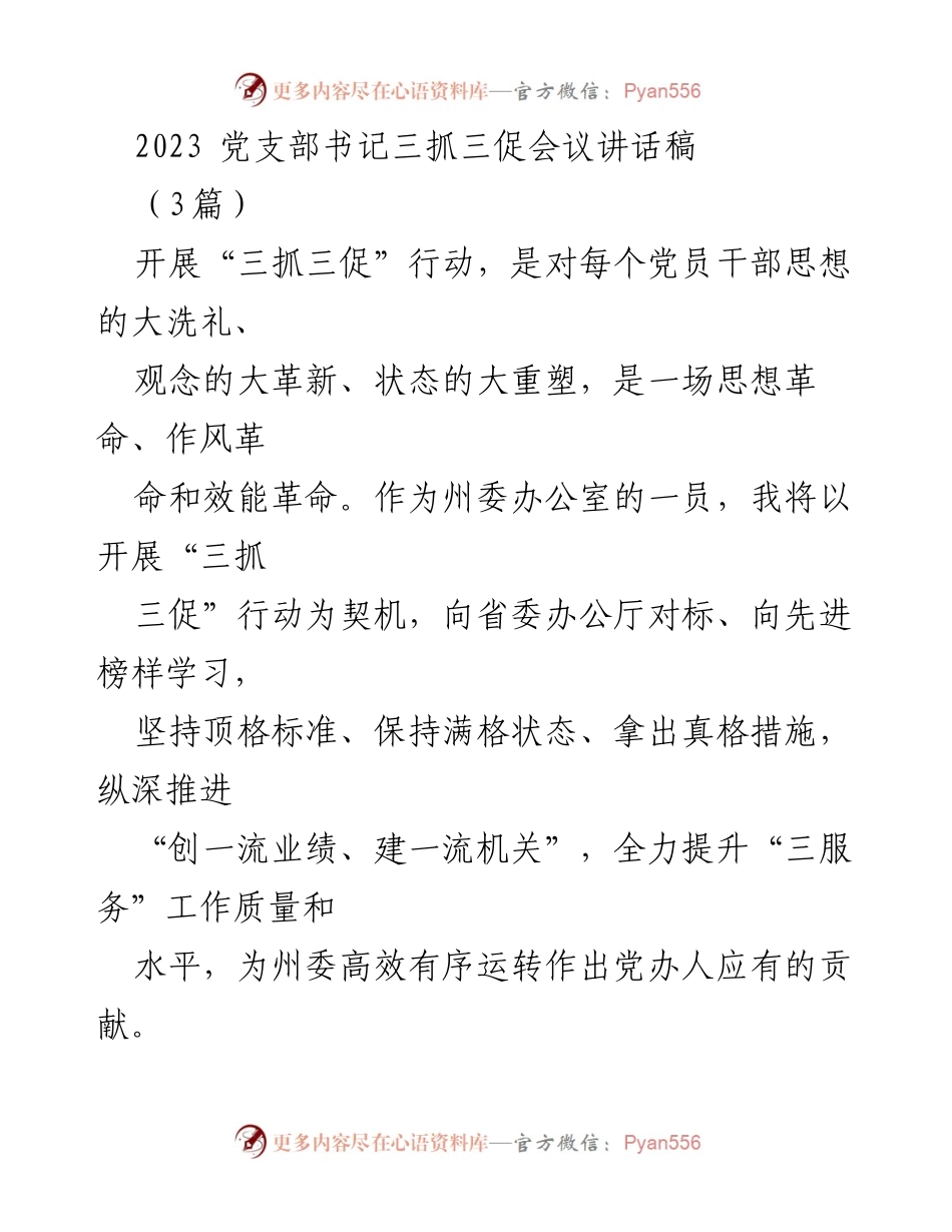 [发言] 党支部书记三抓三促会议 - 深化“三抓三促”行动 提升党办工作效能.docx_第1页
