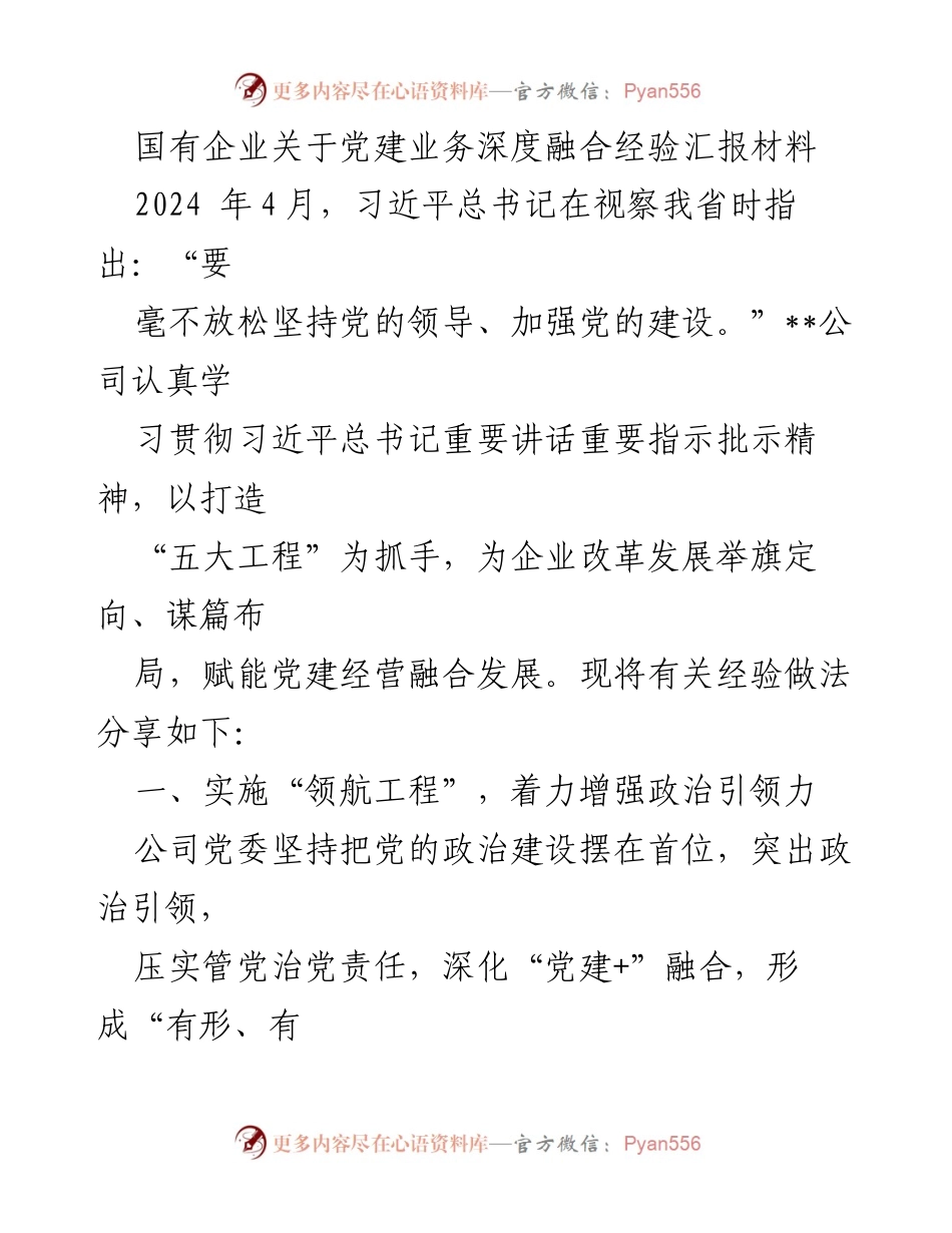 [发言] 党建经验分享会 - 国有企业党建与业务深度融合经验汇报.docx_第1页