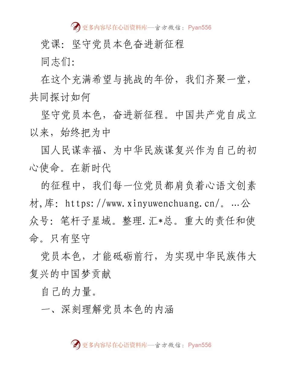 [发言] 党课 - 坚守党员本色，奋进新时代的使命.docx_第1页