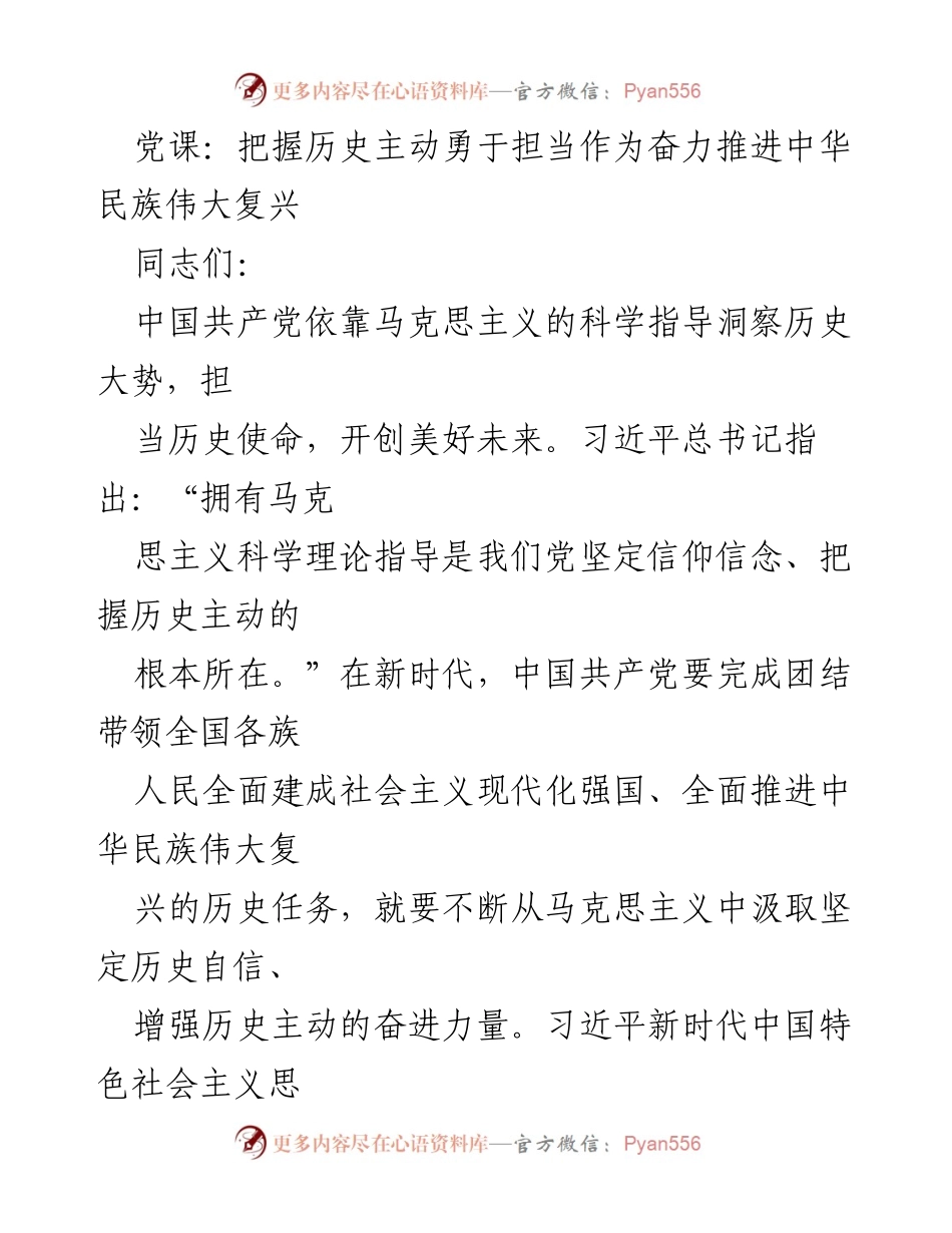 [发言] 党课 - 把握历史主动，勇于担当，推进中华民族伟大复兴.docx_第1页