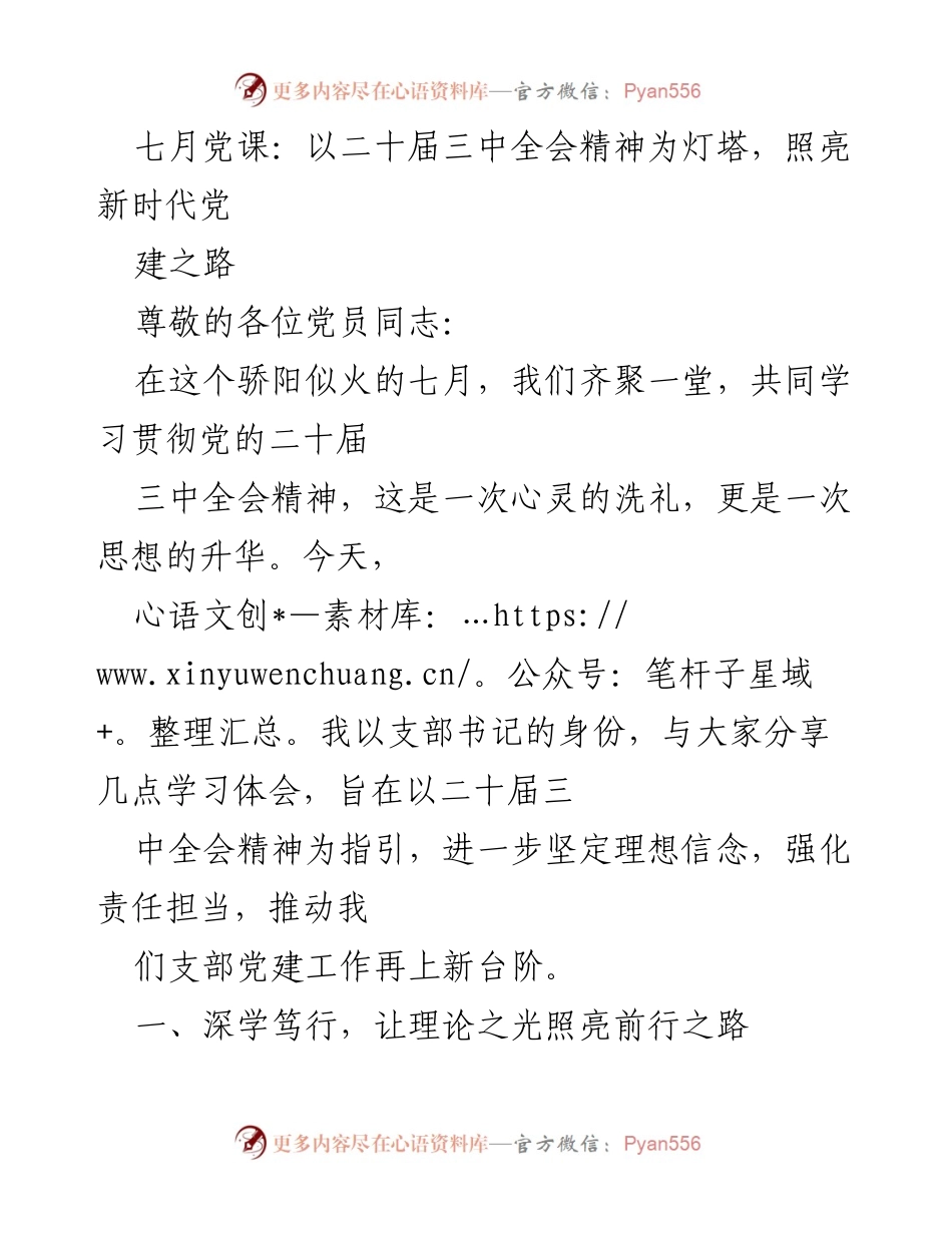 [发言] 党课 - 以二十届三中全会精神为指引，推动新时代党建工作.docx_第1页