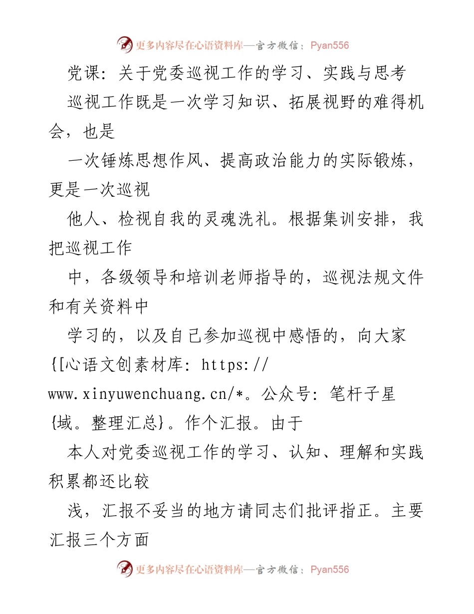 [发言] 党课 - 关于党委巡视工作的学习与实践分享.docx_第1页