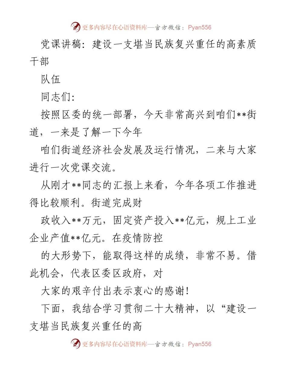 [发言] 党课 - 建设高素质干部队伍，助力民族复兴.docx_第1页