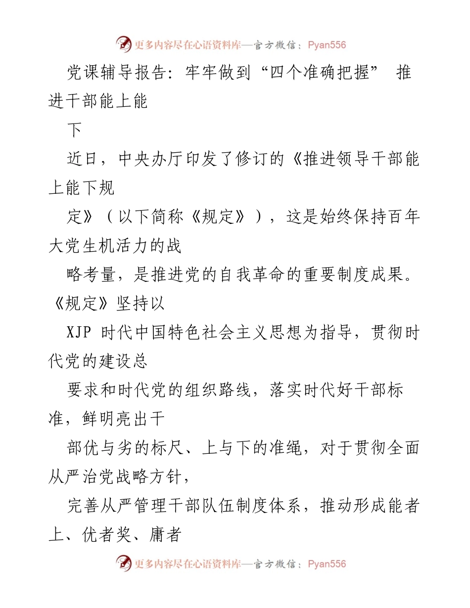 [发言] 党课 - 牢牢把握“四个准确” 促进干部能上能下.docx_第1页