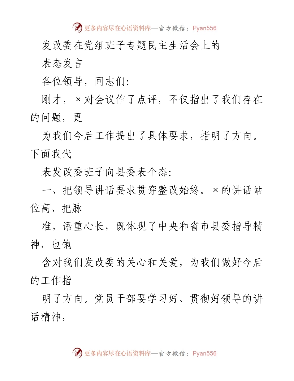 [发言] 党组班子专题民主生活会 - 发改委班子表态发言及整改措施.docx_第1页