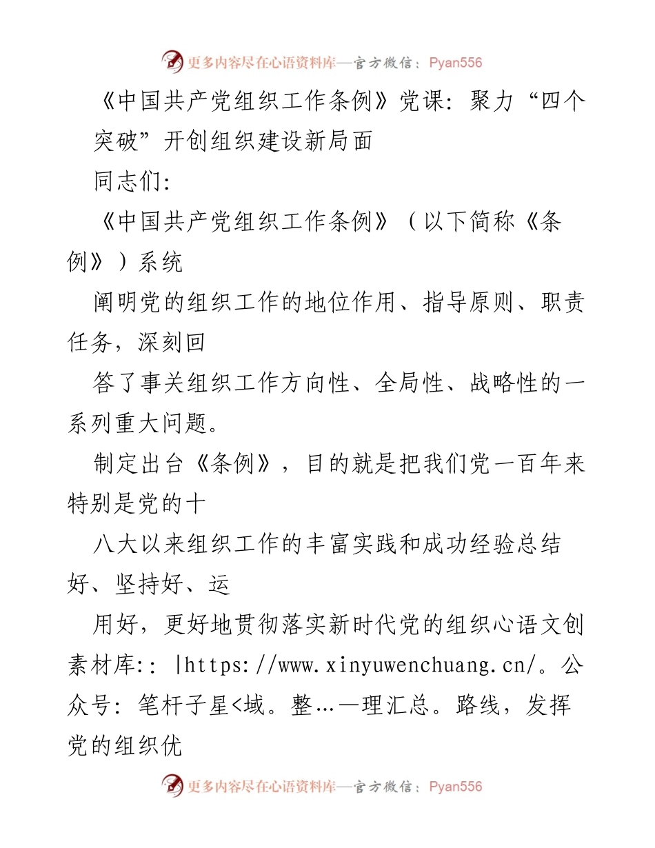 [发言] 党课 - 聚焦《条例》：提升党的政治领导力与组织建设新局面.docx_第1页