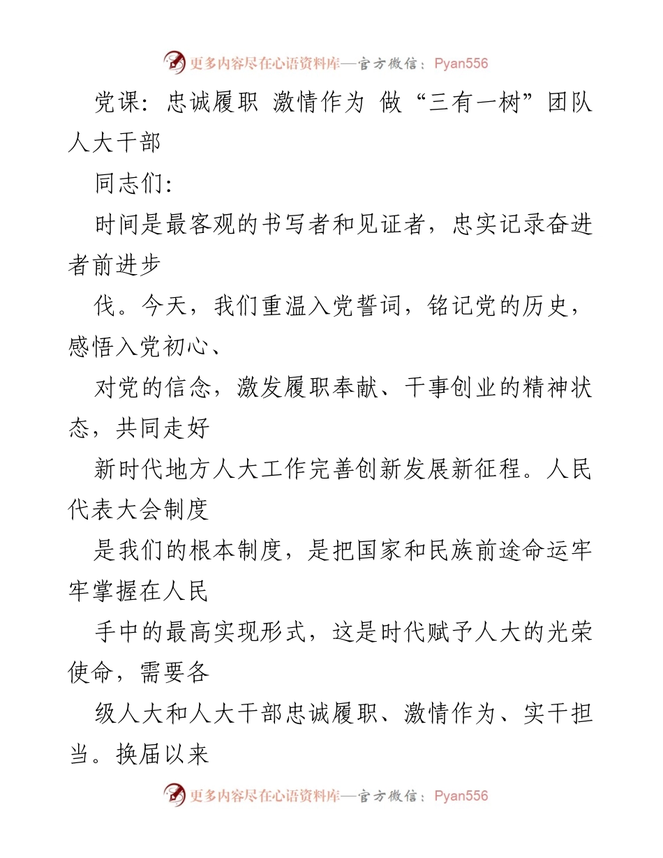 [发言] 党课 - 忠诚履职、激情作为：建设“三有一树”团队人大干部的使命与责任.docx_第1页