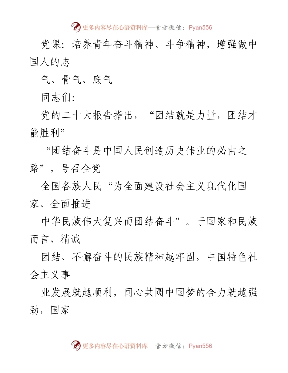 [发言] 党课 - 培养青年团结奋斗精神，增强民族自信.docx_第1页