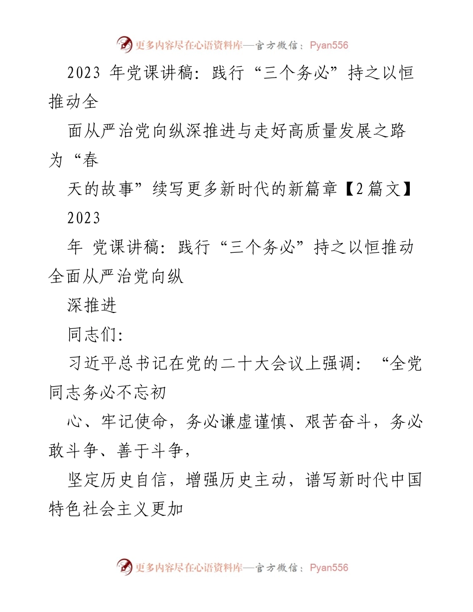 [发言] 党课 - 践行“三个务必”，推动全面从严治党与高质量发展.docx_第1页
