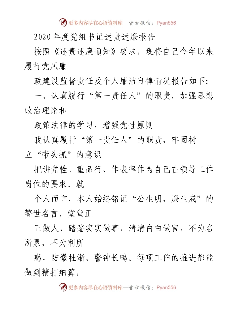 [发言] 党组书记述责述廉 - 2020年度党组书记廉政建设与自律述责报告.docx_第1页