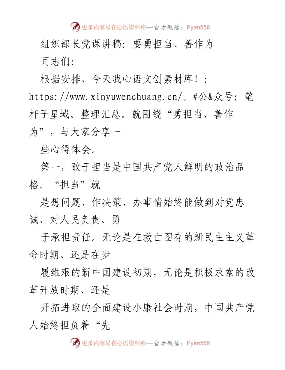 [发言] 党课 - 勇担当、善作为：新时代党员干部的责任与使命_2.docx_第1页