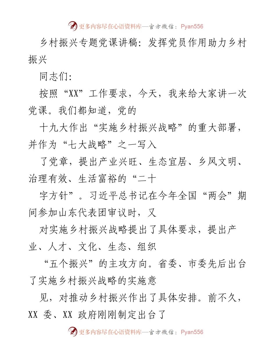 [发言] 党课 - 发挥党员作用推动乡村振兴战略实施.docx_第1页