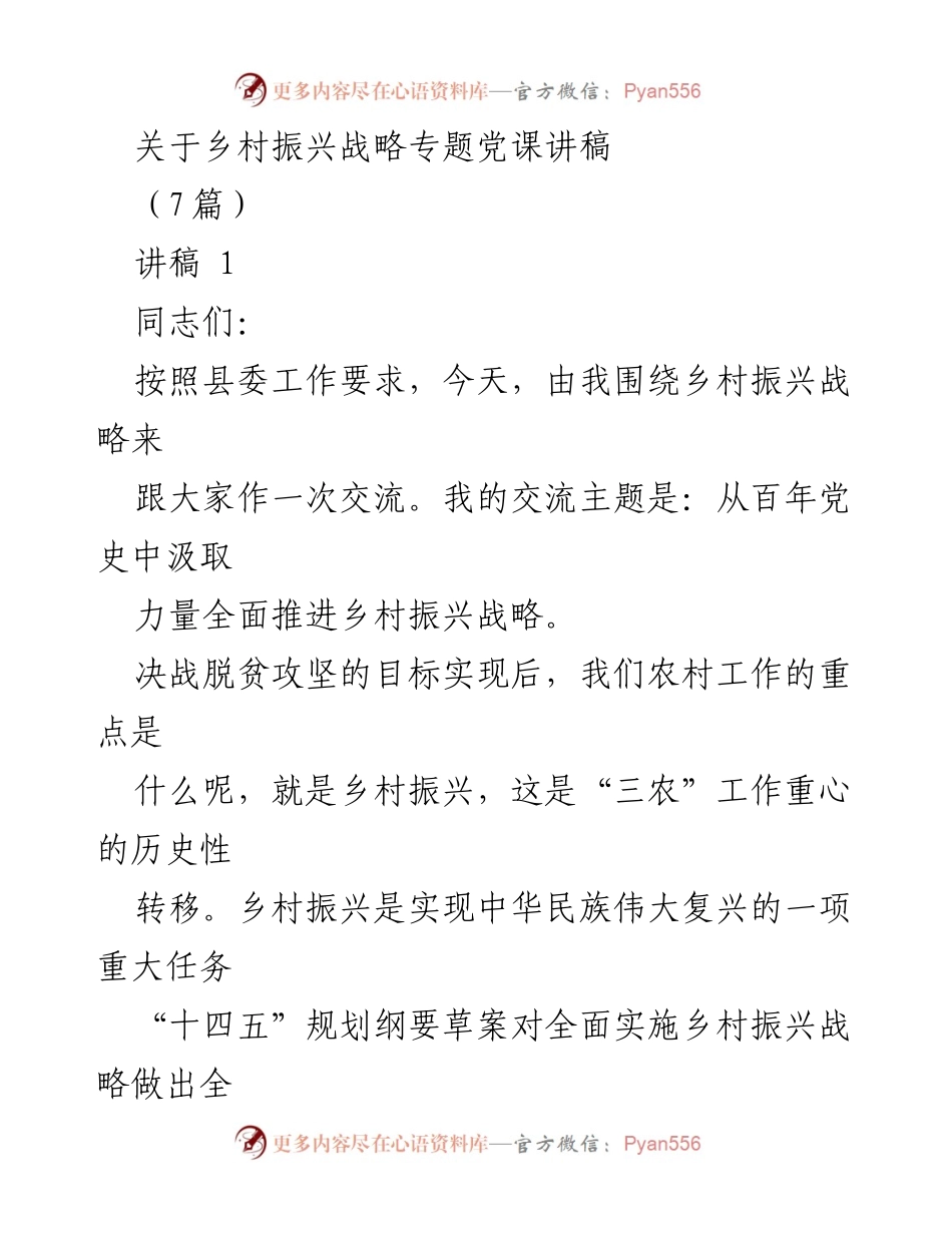 [发言] 党课 - 从百年党史中汲取力量，全面推进乡村振兴战略.docx_第1页
