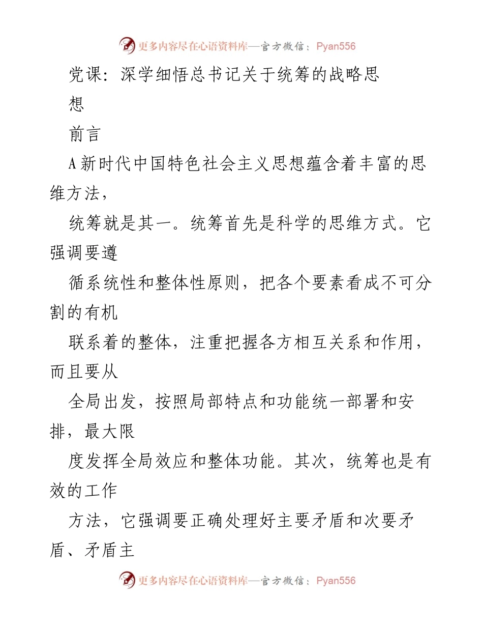 [发言] 党课 - 深入理解总书记统筹战略思想的重要性.docx_第1页