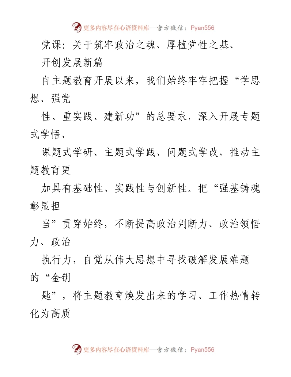 [发言] 党课 - 筑牢政治之魂，厚植党性之基，推动高质量发展_1.docx_第1页