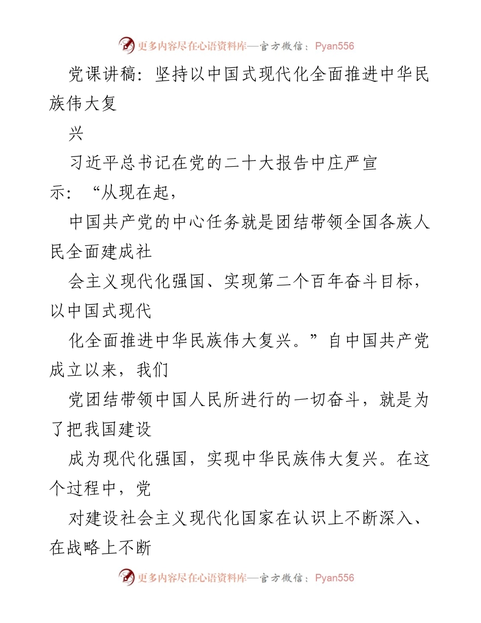 [发言] 党课 - 坚持中国式现代化，推进中华民族伟大复兴.docx_第1页