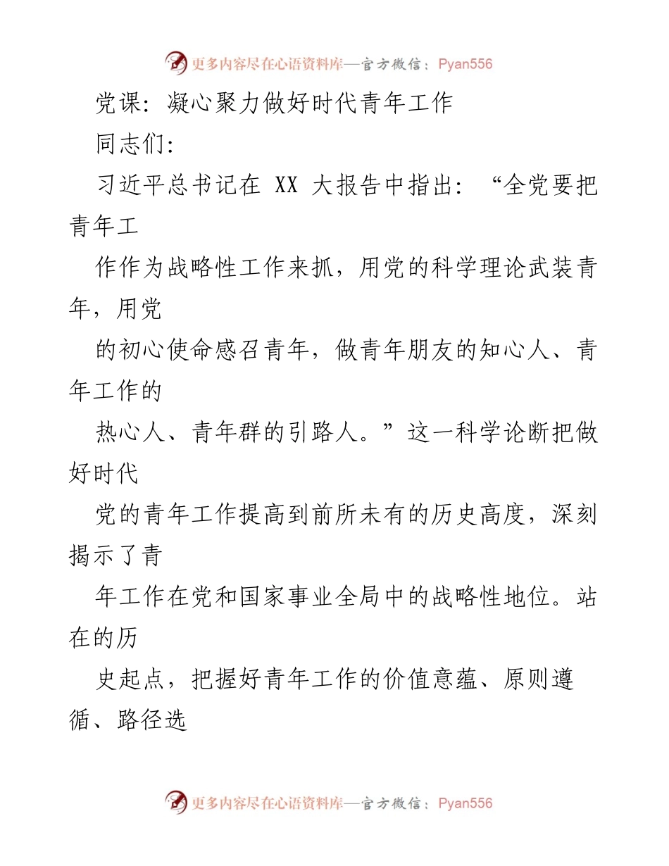 [发言] 党课 - 深化青年工作，培养时代接班人.docx_第1页