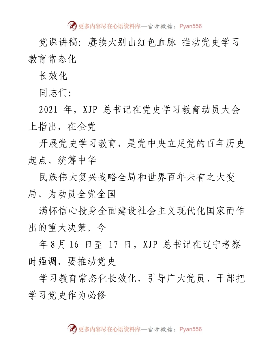 [发言] 党课 - 赓续大别山红色血脉，推动党史学习教育常态化长效化.docx_第1页