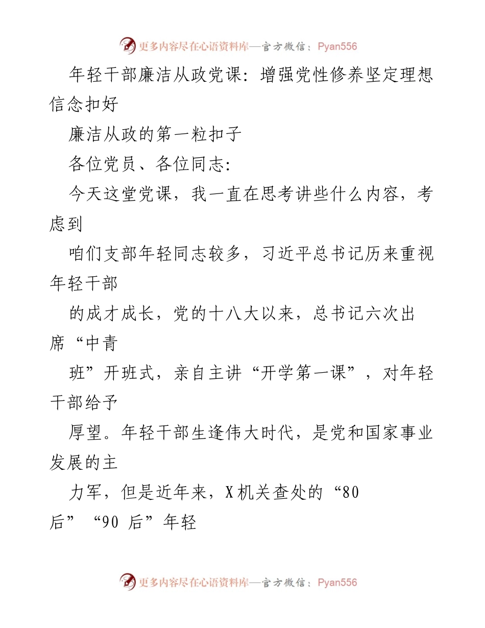 [发言] 党课 - 年轻干部廉洁从政的重要性与实践指导.docx_第1页