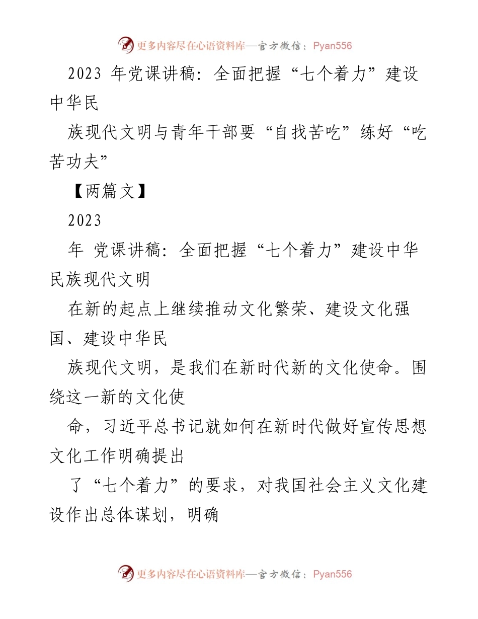 [发言] 党课 - 全面把握“七个着力”建设中华民族现代文明与青年干部的责任.docx_第1页