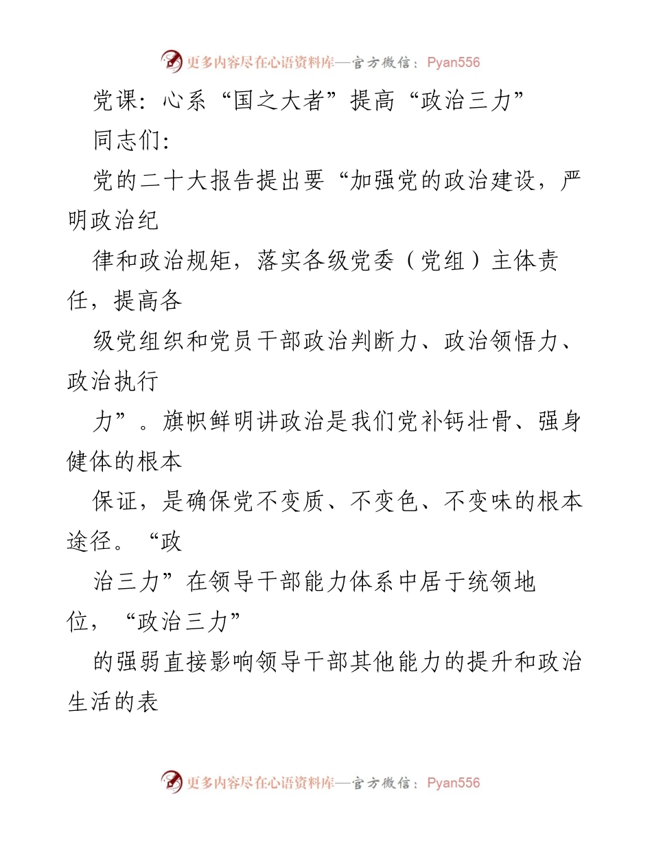 [发言] 党课 - 提高“政治三力”心系“国之大者”的重要性.docx_第1页