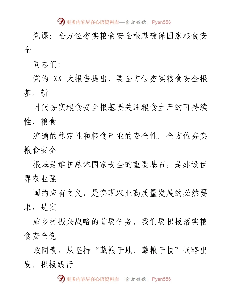 [发言] 党课 - 全方位夯实粮食安全根基的重要性_4.docx_第1页